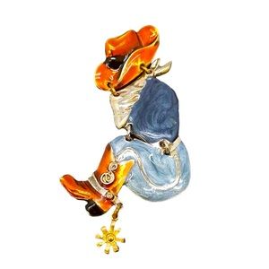 Don-Lin Vintage Articulating Cowboy Western Theme Brooch Enamel Gold Tone Signed